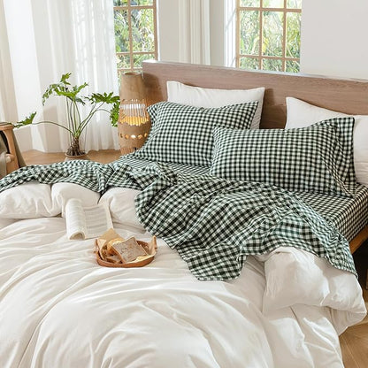 MooMee Gingham Sheet Set 100% Washed Cotton Linen Like Textured Breathable Soft w/Fully Elasticized 16-19" Deep Pocket (Classic Gingham Forest Green, Queen)