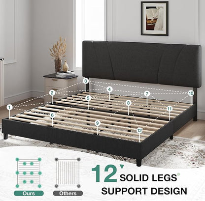 Novilla King Size Bed Frame with Adjustable Headboard Platform King Bed Frame Linen Fabric Upholstered Headboard, No Box Spring Needed, Noise-Free, Wooden Slats Support, Easy Assembly, Dark Grey