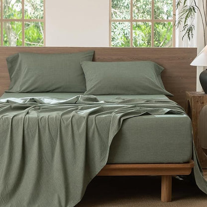MooMee Bedding Sheet Set 100% Washed Cotton Linen Like Textured Breathable Durable Soft Comfy (Heathered Green, Twin)