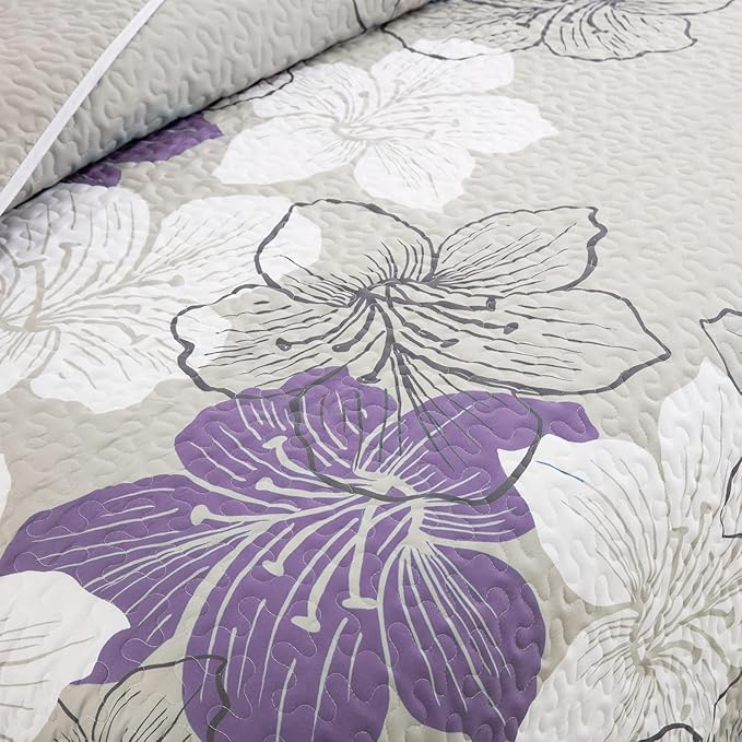 DJY 3 Pieces Quilt Set Queen Purple Floral Pattern Quilt Coverlet Set Elegant Boho Lily Bedspread with 2 Pillow Shams Breathable Microfiber Bedding Quilt Set All Season (Purple, 90"x96")