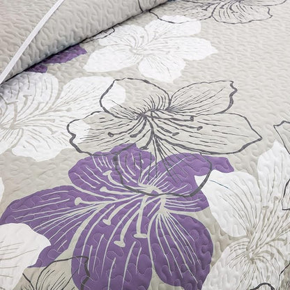DJY 3 Pieces Quilt Set Queen Purple Floral Pattern Quilt Coverlet Set Elegant Boho Lily Bedspread with 2 Pillow Shams Breathable Microfiber Bedding Quilt Set All Season (Purple, 90"x96")