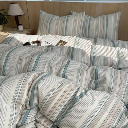 HighBuy Vintage Striped Comforter Set Queen Size - 3 Piece Blue Grey Stripes Pattern Bedding Set Fluffy Soft 100% Washed Cotton Comforter with 2 Pillowcases,Breathable,Striped Comforter Sets