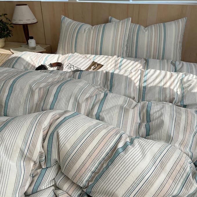 HighBuy Boho Stripe Comforter Set King Size, Grey Green Stripe Bedding Comforter with 2 Pillowcases,Fluffy Soft Washed Cotton King Bed Comforter Set for Women Men,All Season,Breathable