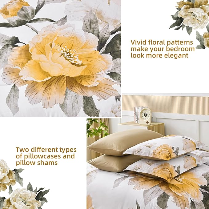 Dobuyly Yellow Comforter Set Queen Size 7 Piece Bed in a Bag, Yellow Floral Comforter Set with Sheets, Soft Microfiber Botanical Complete Bedding Set for All Season