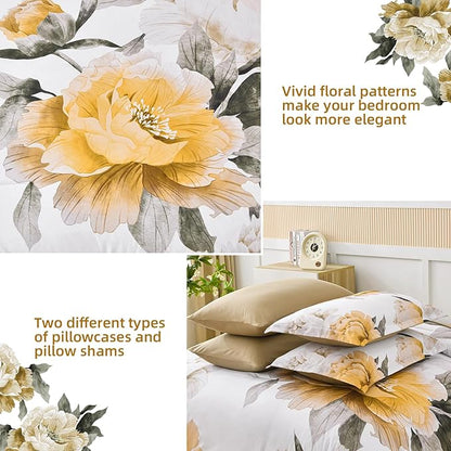 Dobuyly Yellow Comforter Set Queen Size 7 Piece Bed in a Bag, Yellow Floral Comforter Set with Sheets, Soft Microfiber Botanical Complete Bedding Set for All Season