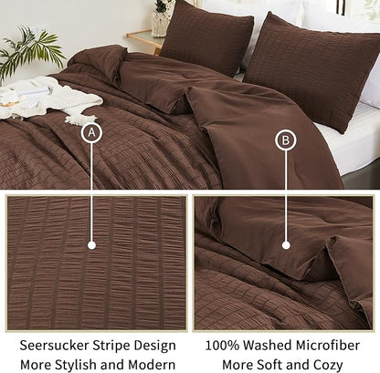 AveLom Brown Seersucker King Comforter Set (104x90 inches), 3 Pieces-100% Soft Washed Microfiber Lightweight Comforter with 2 Pillowcases, All Season Down Alternative Comforter Set for Bedding