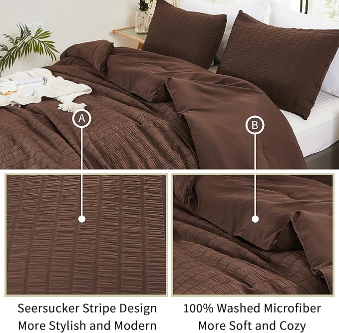 AveLom Brown Seersucker Twin Comforter Set (68x90 inches), 2 Pieces-100% Soft Washed Microfiber Lightweight Comforter with 2 Pillowcases, All Season Down Alternative Comforter Set for Bedding