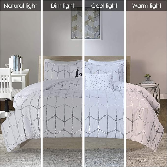 Intelligent Design Raina King/Cal King Comforter Set, Soft Microfiber, Modern Geometric Metallic Bed Set, 5 Pieces College Bedding with 2 Shams, 2 Toss Pillows White/Silver