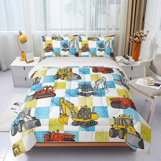 Boy's Construction Truck Comforter Set Twin,Orange,and Yellow Truck 3 Pieces Bedding Set for Kids Boys Teens,Blue and Yellow Plaid Microfiber Lightweight Quilt Bedroom Decor with 2 Pillow Cases
