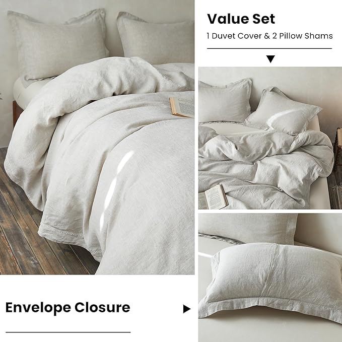 Simple&Opulence 100% Linen Duvet Cover Set with Crossed Embroidery Washed - 3 Pieces (1 Duvet Cover with 2 Pillow Shams) Soft Breathable Farmhouse - Linen, King Size