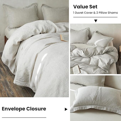 Simple&Opulence 100% Linen Duvet Cover Set with Crossed Embroidery Washed - 3 Pieces (1 Duvet Cover with 2 Pillow Shams) Soft Breathable Farmhouse - Linen, King Size