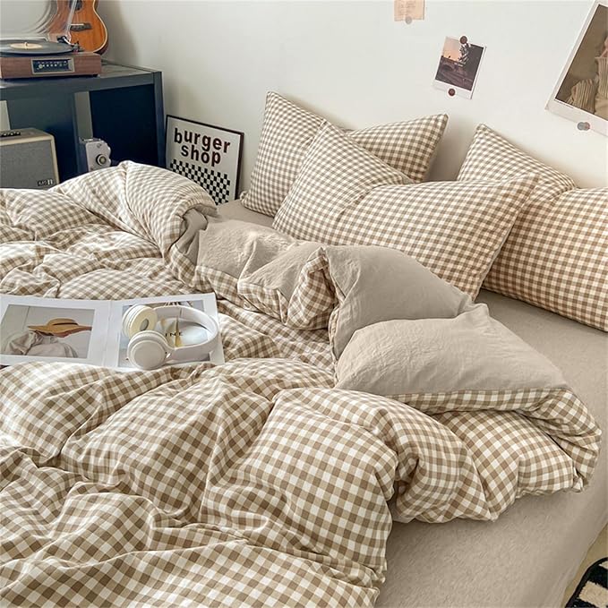 Nayoroom Gingham Duvet Cover King Size Brown Tan Plaid Checkered Comforter Cover 3 Pieces Soft Lightweight Washed Microfiber Farmhouse Grid Dorm Bedding Set with Pillowcases