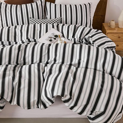 Merryword 100% Cotton Duvet Cover Set King Size - Black and White Striped Duvet Cover Set, Modern Minimalist Pinstripe Comforter Cover with Pillowcases, Soft Breathable Bedding Set for All Seasons