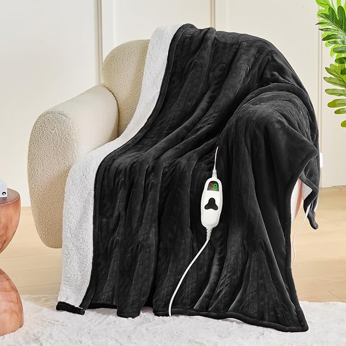 greenoak Heated Blanket Electric Full 72"X84", Heating Blanket with 10 Heat Levels 1/2/4/6/8 Hours Auto-Off, Soft Flannel Sherpa Warm Heater Christmas Blanket, Lacquered Black