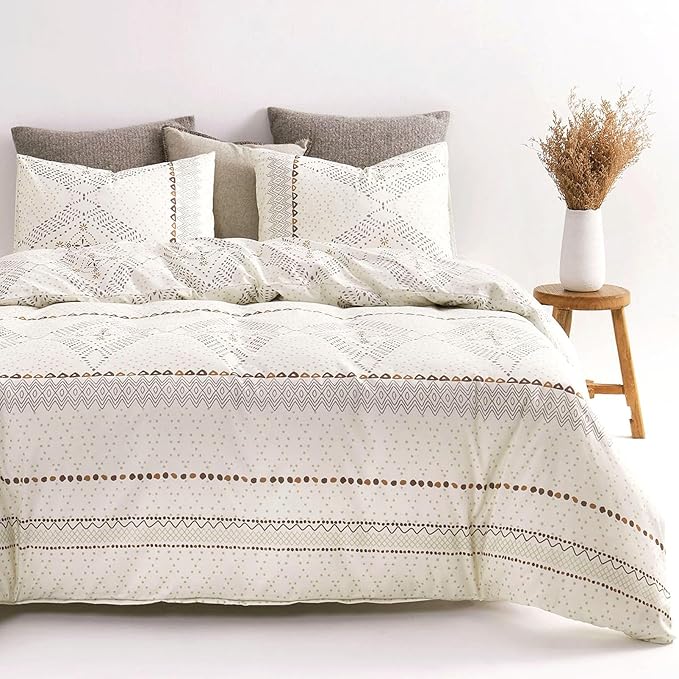 Wake In Cloud - Boho Comforter Set, Farmhouse Bohemian Western Aztec Neutral Aesthetic, Soft Lightweight Bedding, 3 Pieces, Beige, Twin/Twin XL Size