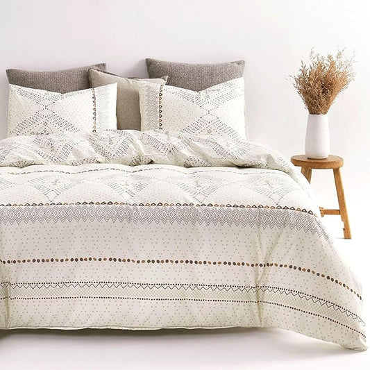 Wake In Cloud - Boho Comforter Set, Farmhouse Bohemian Western Aztec Neutral Aesthetic, Soft Lightweight Bedding, 3 Pieces, Beige, Queen Size