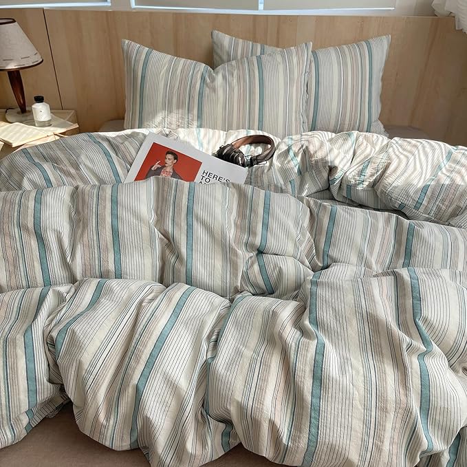 HighBuy Striped Comforter Set Twin XL - 100% Washed Cotton Grey Green Stripes Comforter with 2 Pillowcases,Pinstripe Stripes Printed Bedding Set Fluffy Soft,3 Pieces Comforter Sets All Season