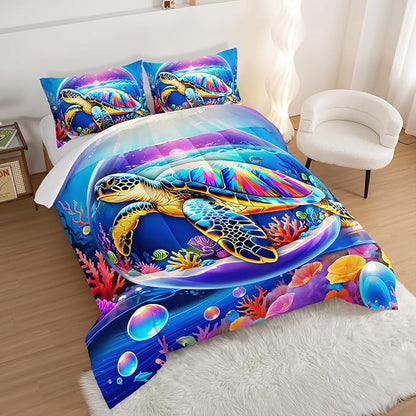 Sea Turtle Comforter Set King Size,Colorful Underwater World Toddler Bed Comforter Set,Coastal Bedding for Kids Boys Girls Room Decor,Sea Life Themed Comforter Sets 2 Pillowcases.