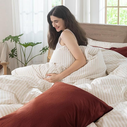 MooMee Body Pillow Cover Pillowcase with Zipper 100% Washed Cotton Linen Like Textured Breathable Durable Soft Comfy (Solid Fired Brick Red, 21”x54”, 1PC)
