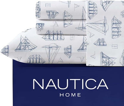 Nautica - Full Size Sheet Sets, Cotton Percale Bedding, Crisp & Cool, Coastal Home Decor (Whitewood Sail Blue, Full)