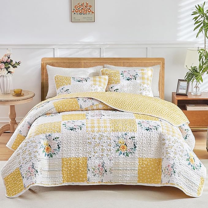 Joyreap 2 Pieces Floral Patchwork Quilt Set Twin, Yellow n White Flowers Design, Soft n Cozy Microfiber Quilt, Bedspread Bed Cover for All Season, 1 Quilt and 1 Pillow Sham- 68x86 inches