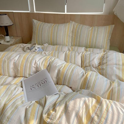 Yellow Striped Duvet Cover Twin, 100% Washed Cotton Colorful Stripes Pattern Printed Bedding Set, 3 Pieces Soft Breathable Comforter Cover with Zipper Closure, Retro Striped Farmhouse Bedding Set