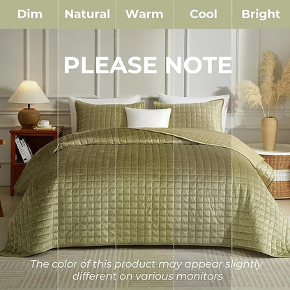 Powdion Velvet Quilt Queen,Luxury Olive Green Quilt Comforter Queen Size 3 Pieces Soft Cozy Oversized Bedspreads Coverlet for All Seasons with 2 Pillow Shams,90x90 Shabby Chic Green Quilt Set
