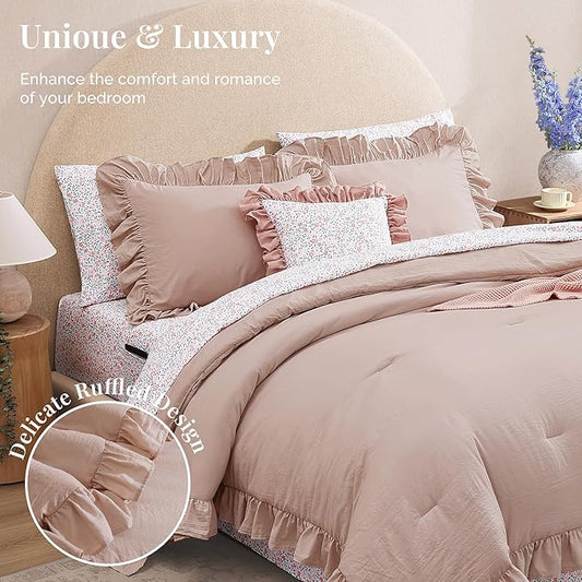Twin XL Comforter Set - 5 Pieces Ruffle Rose Floral Bedding Sets, Shabby Chic Farmhouse Bed in a Bag with Ruffle Comforter, Floral Sheets, Pillowcase & Sham