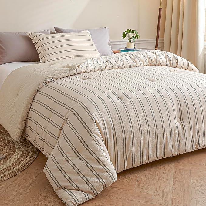 Cyusri Cotton Stripe Twin Comforter Set - Soft Lightweight Bedding 2 Pieces Dyed Bed Set with 1 Pillow Shams,Reversible All Season Farmhouse Down Alternative(Twin Size 68"x90" Beige)