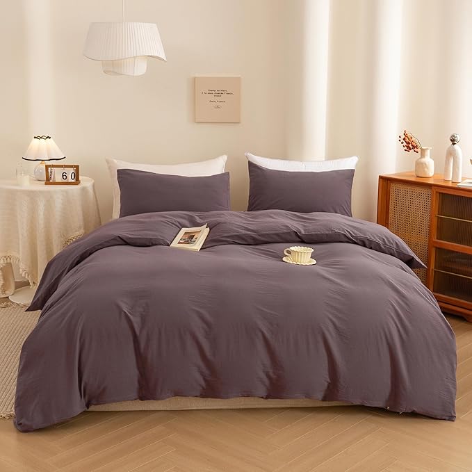 ECOCOTT Purple Duvet Cover Super Queen Size - 100% Washed Cotton Durable Soft Comfy Duvet Cover Set, 3 Pieces Duvet Cover with Zipper Closure (Purple, 98''x90'')