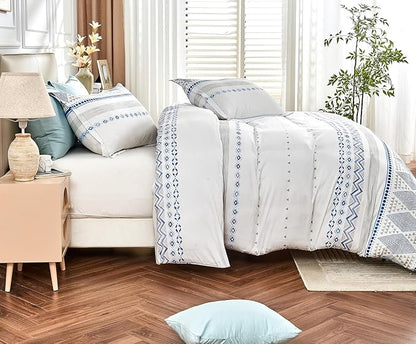 SLEEPBELLA Boho King Size Duvet Cover Set - Cotton Reversible Blue/White with Button Closure & Soft, Breathable Fabric