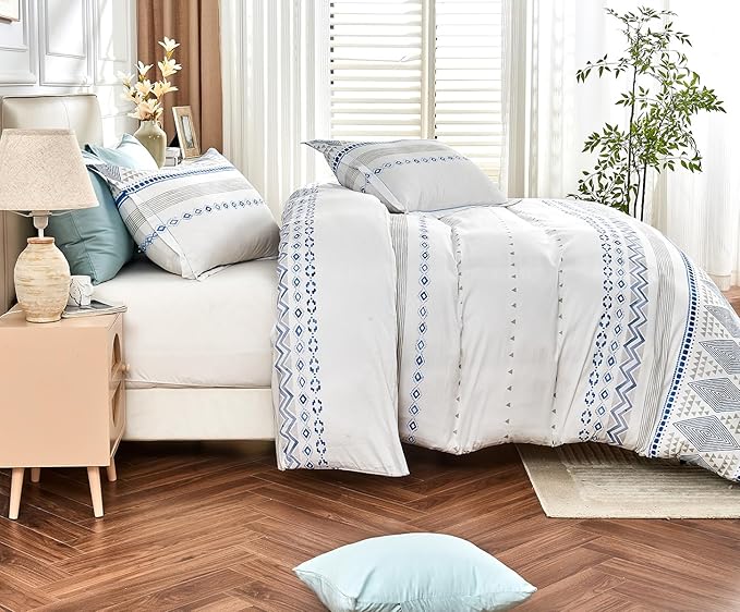 SLEEPBELLA Boho Queen Size Duvet Cover Set - Cotton Reversible Blue/White with Button Closure & Soft, Breathable Fabric