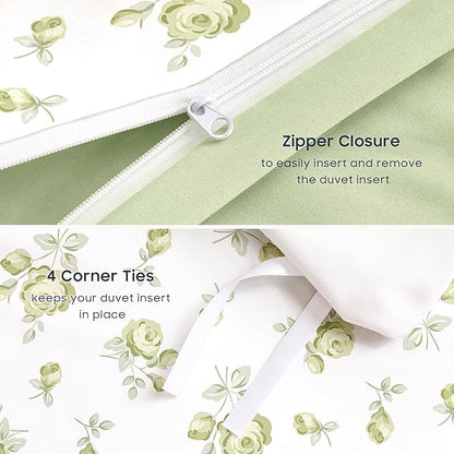 Wake In Cloud - Coquette Duvet Cover Set, Floral Cottagecore Flower Shabby Chic Cute Aesthetic, Soft Lightweight Bedding for Women Teen Girls, 3-Piece, White Green, Twin/Twin XL Size