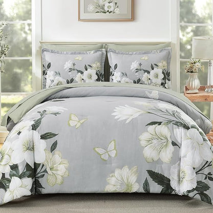 King Size Comforter Set - 7 Pieces Floral Comforter Set, Elegant Sage Green Flower Bed in a Bag King Soft Microfiber Bedding Set for All Seasons (Sage Green,104"x90")