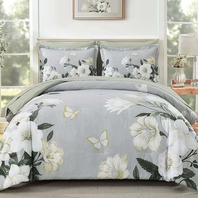 Floral Comforter Set Queen Size,7 Piece Sage Green Bed in a Bag, Elegant Flower Pattern Comforter Set with Sheet, Soft Microfiber Complete Bedding Sets for All Season
