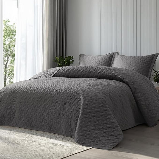 Bedsure Quilts King Size - Grey Bedspreads King Size with Basket Weave Pattern, Soft Quilt Bedding Set, Lightweight Comforter Set Coverlet for All Seasons with 2 Pillow Shams (106" x 96") | Skin-Friendly Soft, All-Season Comfort, Breathable, Lightweigh...