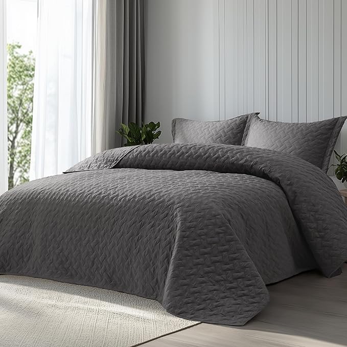 Bedsure Oversized King Quilts - Lightweight Bedspreads Oversized King Size with Basket Weave Pattern, Soft Quilt Bedding Set, Grey Comforter Set Coverlet 2 Pillow Shams (120" x 120") | Skin-Friendly Soft, All-Season Comfort, Breathable, Lightweight, Ma...