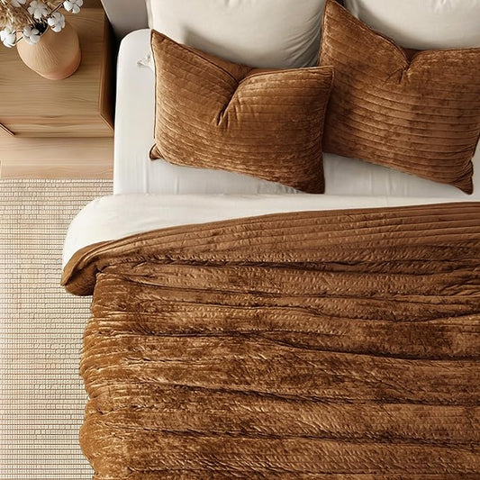 EVERGRACE Velvet Quilt Set Queen Size, Luxurious Soft Striped Channel Bedding Set, Lightweight Velvet Comforter for All Season, Oversized Bedspread Coverlet with 2 Matching Shams, Dark Brown
