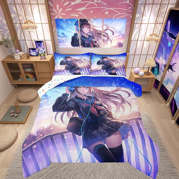 Erosebridal Anime Girl Bedding Set Queen Size, Japanese Anime Comforter Set for Kids Boys Teens Bedroom Decor, Cartoon Girl Duvet Insert Kawaii Japanese Animation Quilt with 2 Pillow Cases