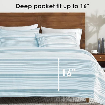 ClevaHome Classic Stripe Sheet Set - 4 Pieces Super Soft & Breathable Bed Sheet Set with Deep Pocket, Enhanced Comfort & Easy Care (Full, Glacier Stripe)