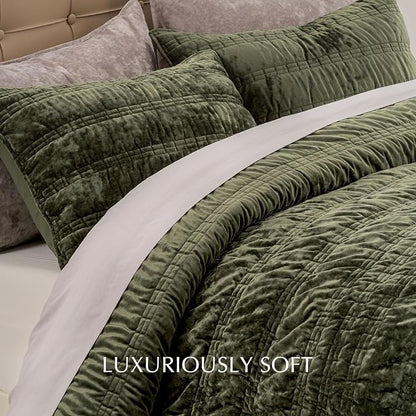 EVERGRACE Luxury Ruched Velvet Quilt King Size, Ultra Soft Bedspread Coverlet Set, Lightweight Velvet Comforter, Quilted Bedding Cover with 2 Matching Shams for All Season, Olive Green