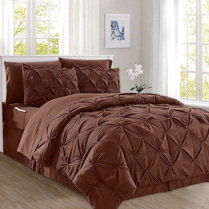 Elegant Comfort 8-Piece Pinch Pleated Comforter Set -All Season Complete Bed in a Bag, Includes 4pc Smart Sheet Set, Bed Skirt, Comforter, Matching Pillowcases and Shams, Twin/Twin XL, Chocolate Brown