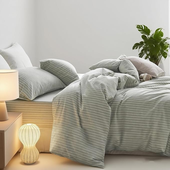 Nayoroom Green Striped Duvet Cover Queen Size 100% Washed Cotton White Pinstripe Duvet Cover 3 Pieces Soft Breathable Girls Dorm Bedding Set for All Seasons, Yarn Dyed Process