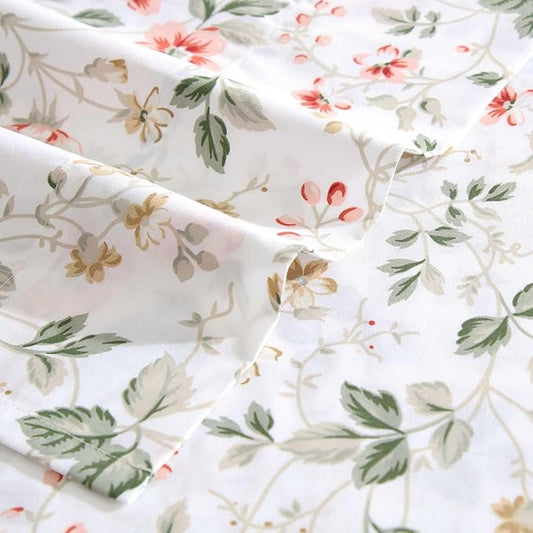 Laura Ashley - King Sheet Set, Crisp & Cool Cotton Percale Bedding with Deep Pockets, Lightweight for Year Round Comfort, Bed Sheets with Matching Pillowcases (Meadow Floral Beige)