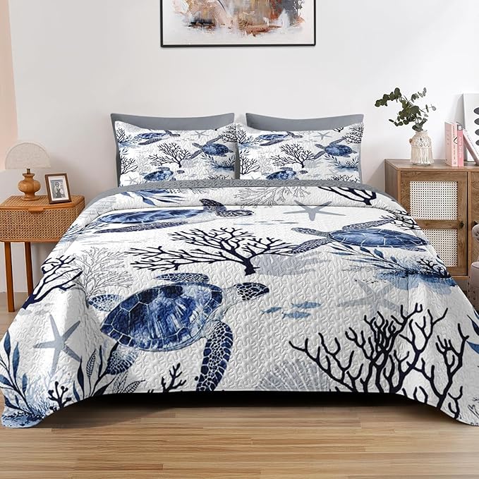 Quilt Set Twin Size, Ocean Sea Coral 2 Pcs Soft Bed Cover Bedding Set for Kids and Adults, Blue Animal Turtle Lightweight Bedspread Coverlet with Pillow Sham for All Season