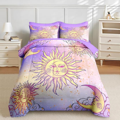 Nesker Comforter Set Twin Size, Celestial Motifs Astrology 5 Pcs Bedding for Kids and Adults, Boho Sun Moon Bed Sheet Sets with Fitted Sheet Pillowcase & Sham