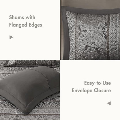 Madison Park Traditional Damask Design All Season, Lightweight Coverlet Bedspread Bedding Set, Matching Shams, Pillows, (102"x118"), Bellagio, Jacquard Grey, 5 Piece