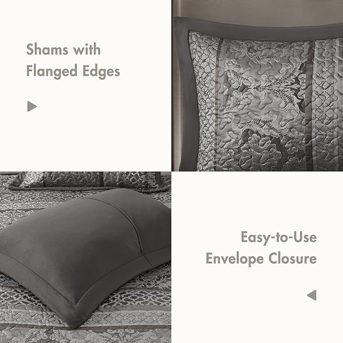Madison Park Traditional Damask Design All Season, Lightweight Coverlet Bedspread Bedding Set, Matching Shams, Pillows, (120"x118"), Bellagio, Jacquard Grey, 5 Piece