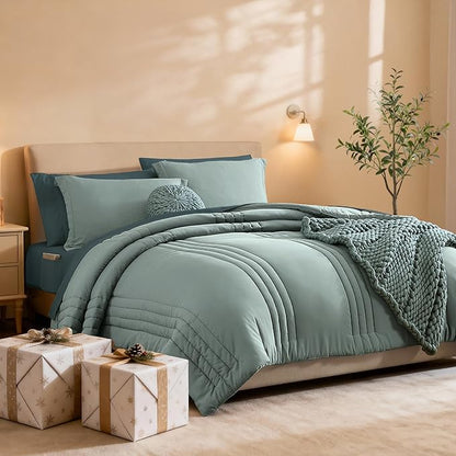Monbix California King Size Comforter Set - 7 Pieces Bed in a Bag California King, Sage Green Bedding Sets, All Seasons Comforter Bed Set with Sheets, Pillowcases & Shams