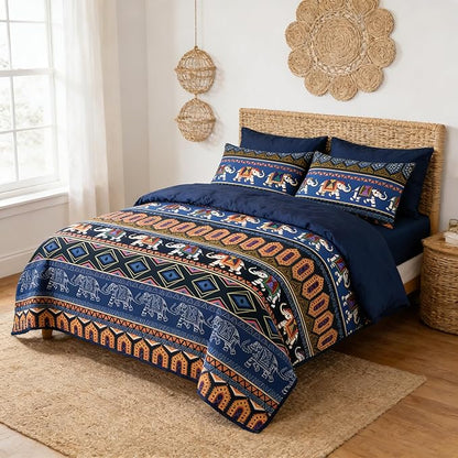 Navy Blue Comforter Set Full Size, Boho Aztec Bedding Set for Tribal & Ethnic Style Bedroom, 3Pieces Soft 100% Microfiber Lightweight Comforter Set with 2 Pillowcases, 79"x90"